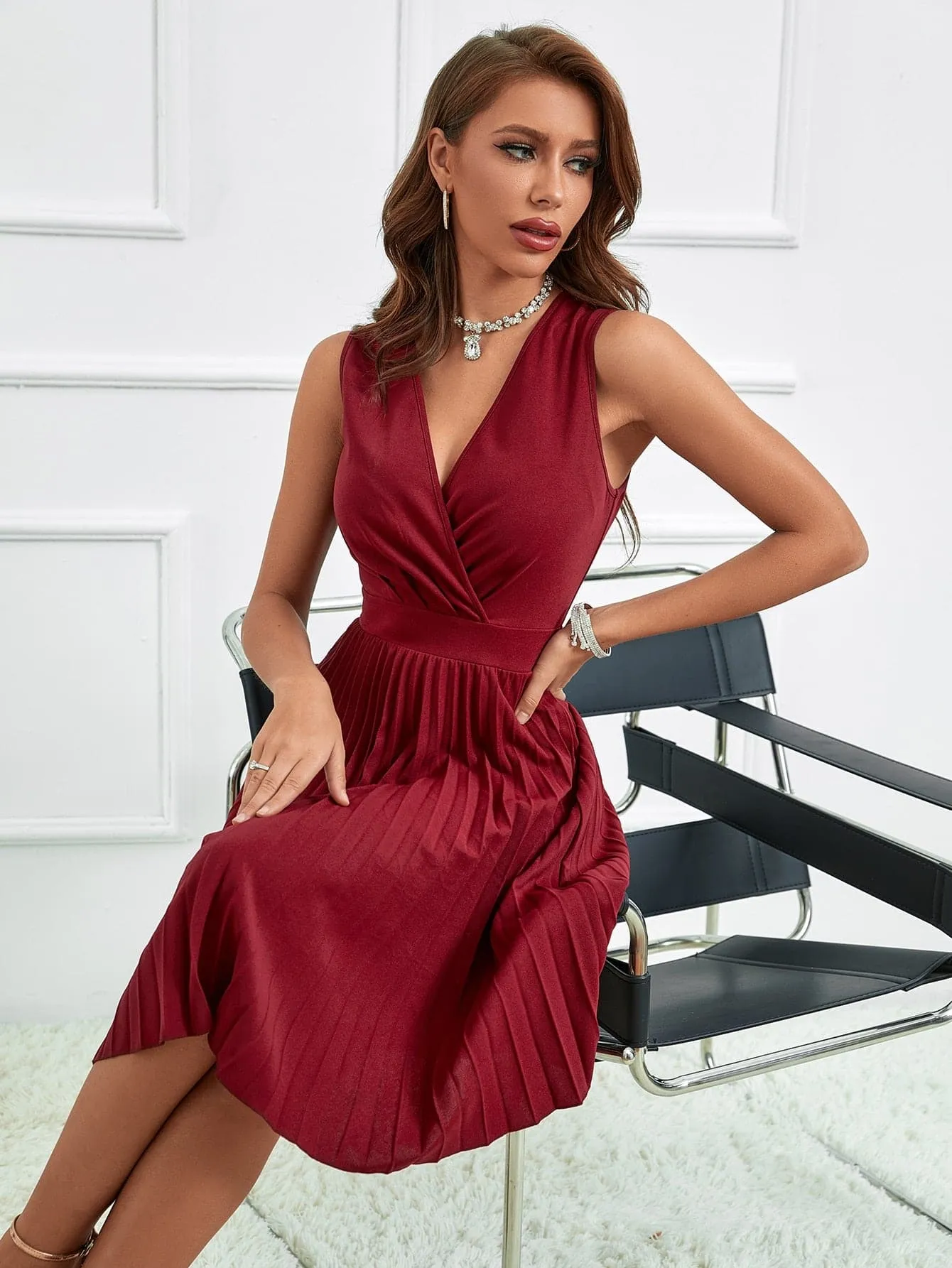 Burgundy A-Line Wrap Ruched Pleated Dress