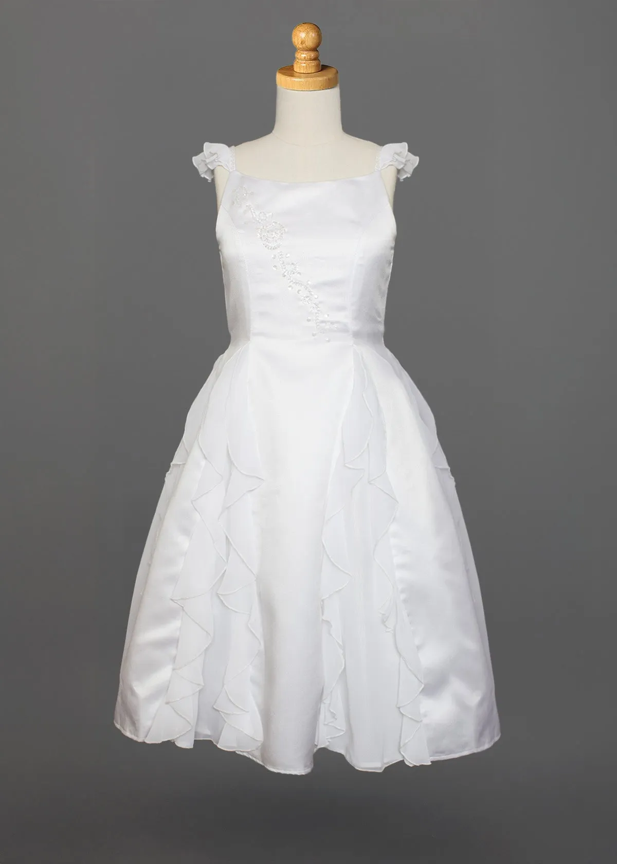 Chiffon Ruffle and Satin Flower Girl Dress w/ Hand Beaded Embellishment