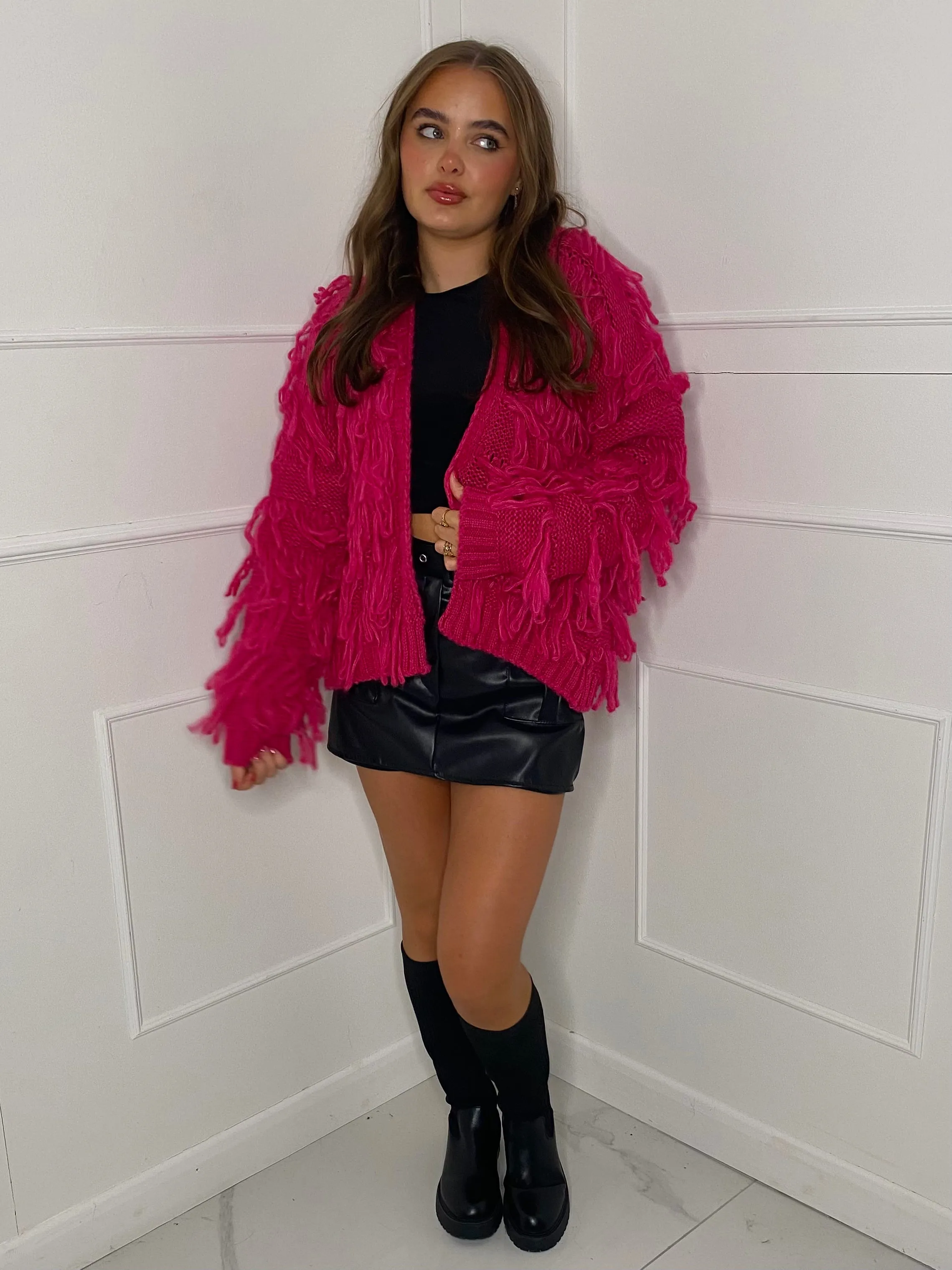 Fringe Detail Cardigan - Cerise