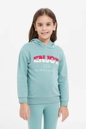 Girls Teal Embroidered Hooded Sweatshirt