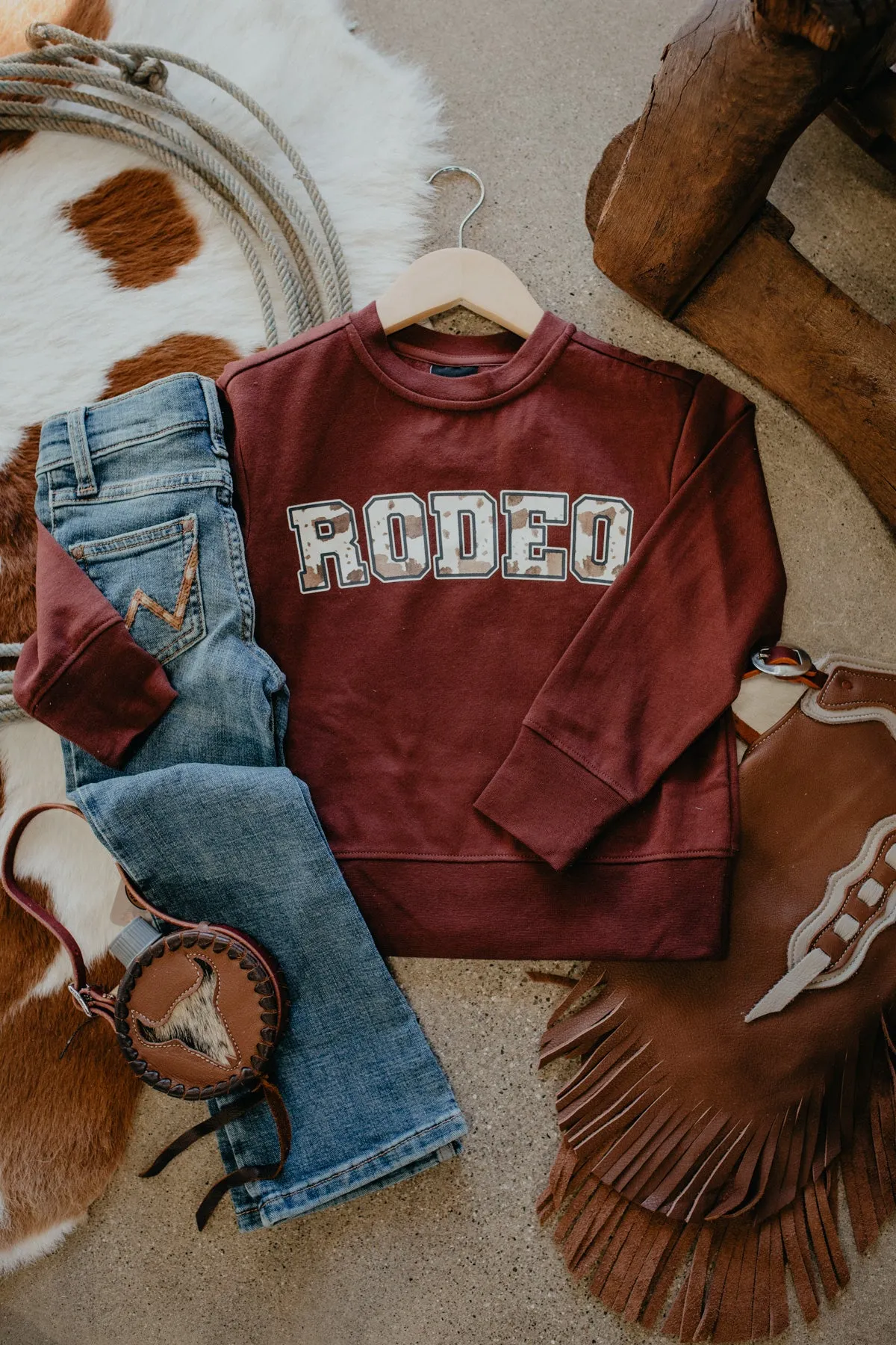 'Harper' Girls Burgundy 'Rodeo' Cowprint Sweatshirt (XS-XL)