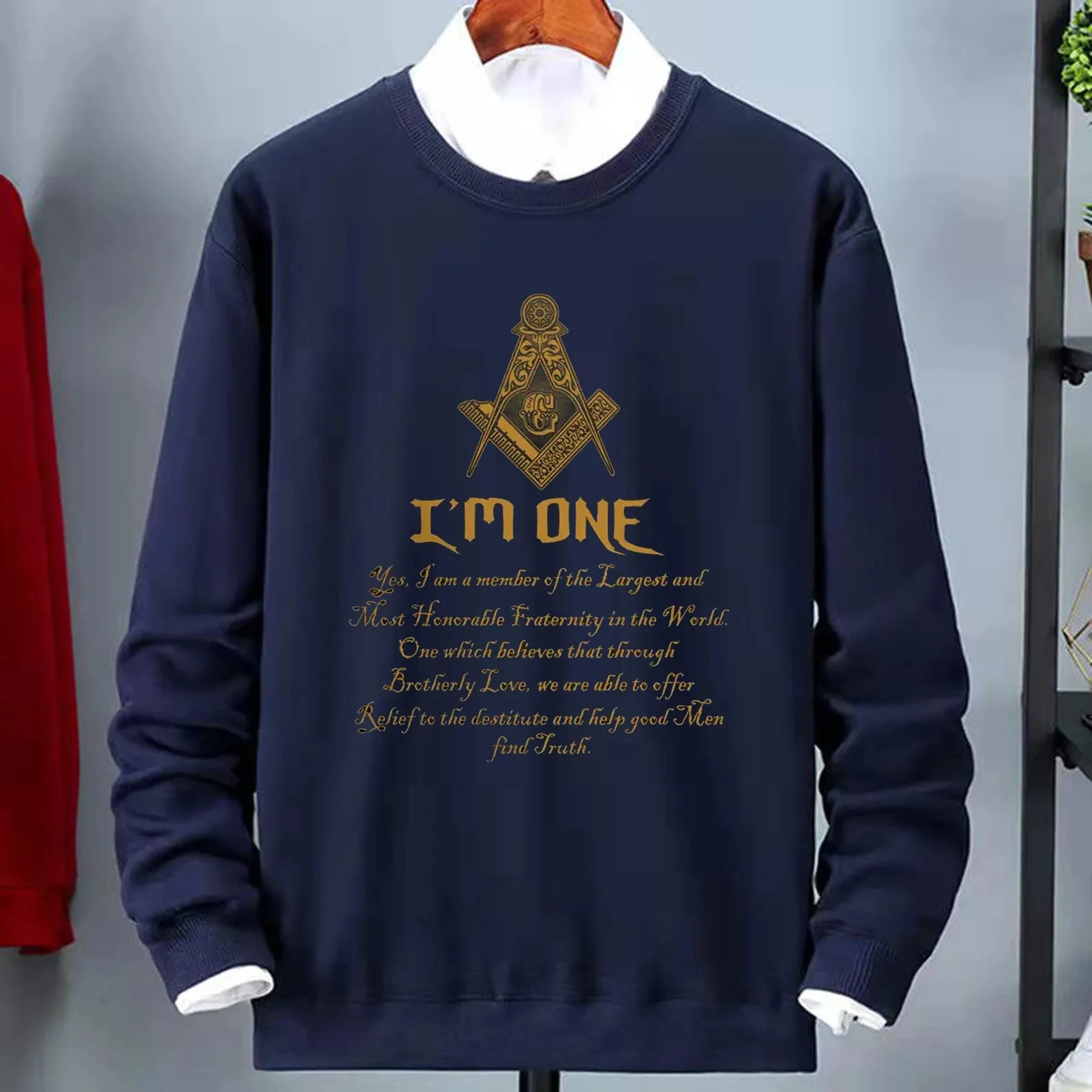 Master Mason Blue Lodge Sweatshirt - I Am One Printed Design Navy Color