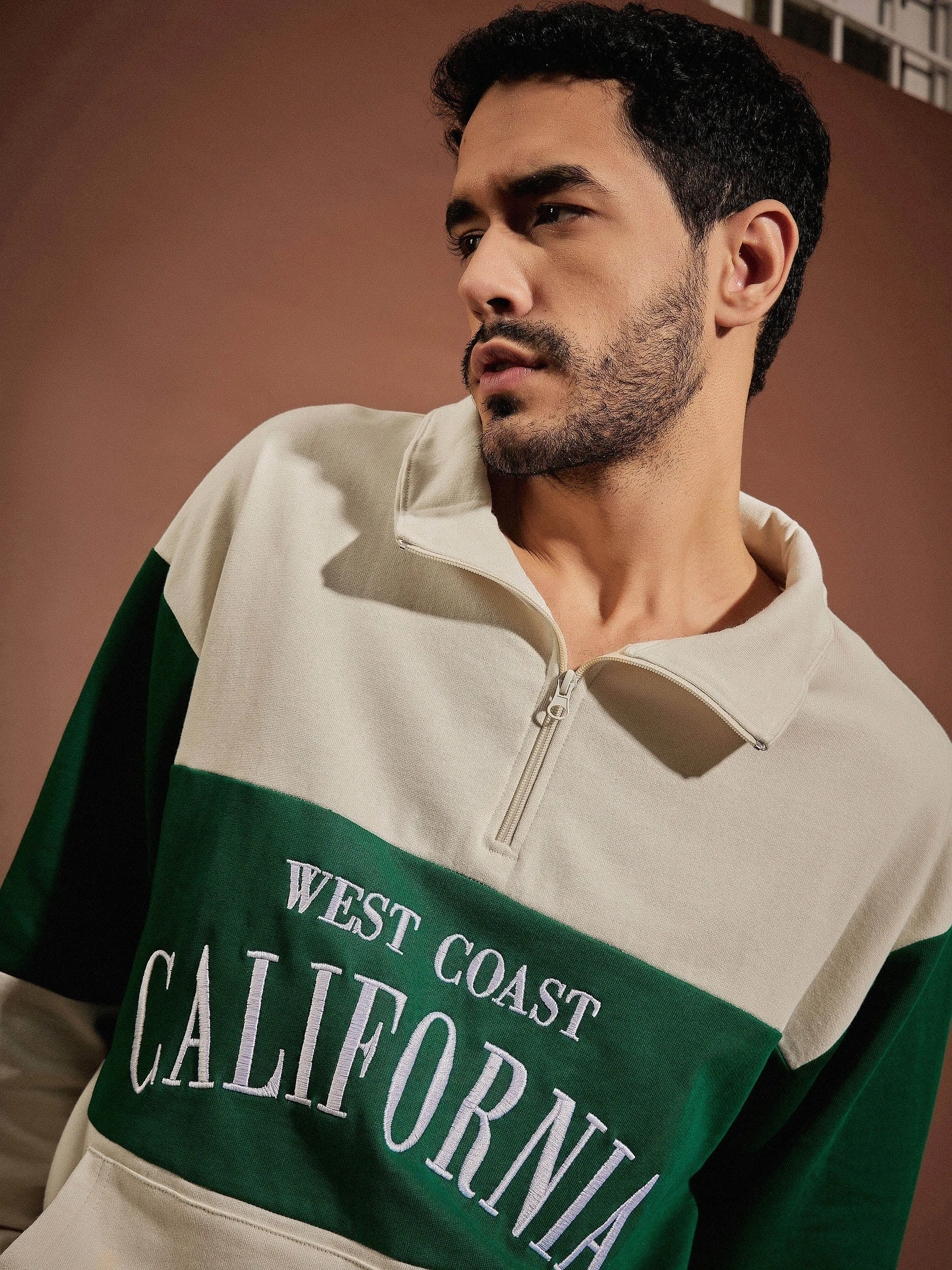 Men Beige & Green CALIFORNIA Zipper Oversized Sweatshirt