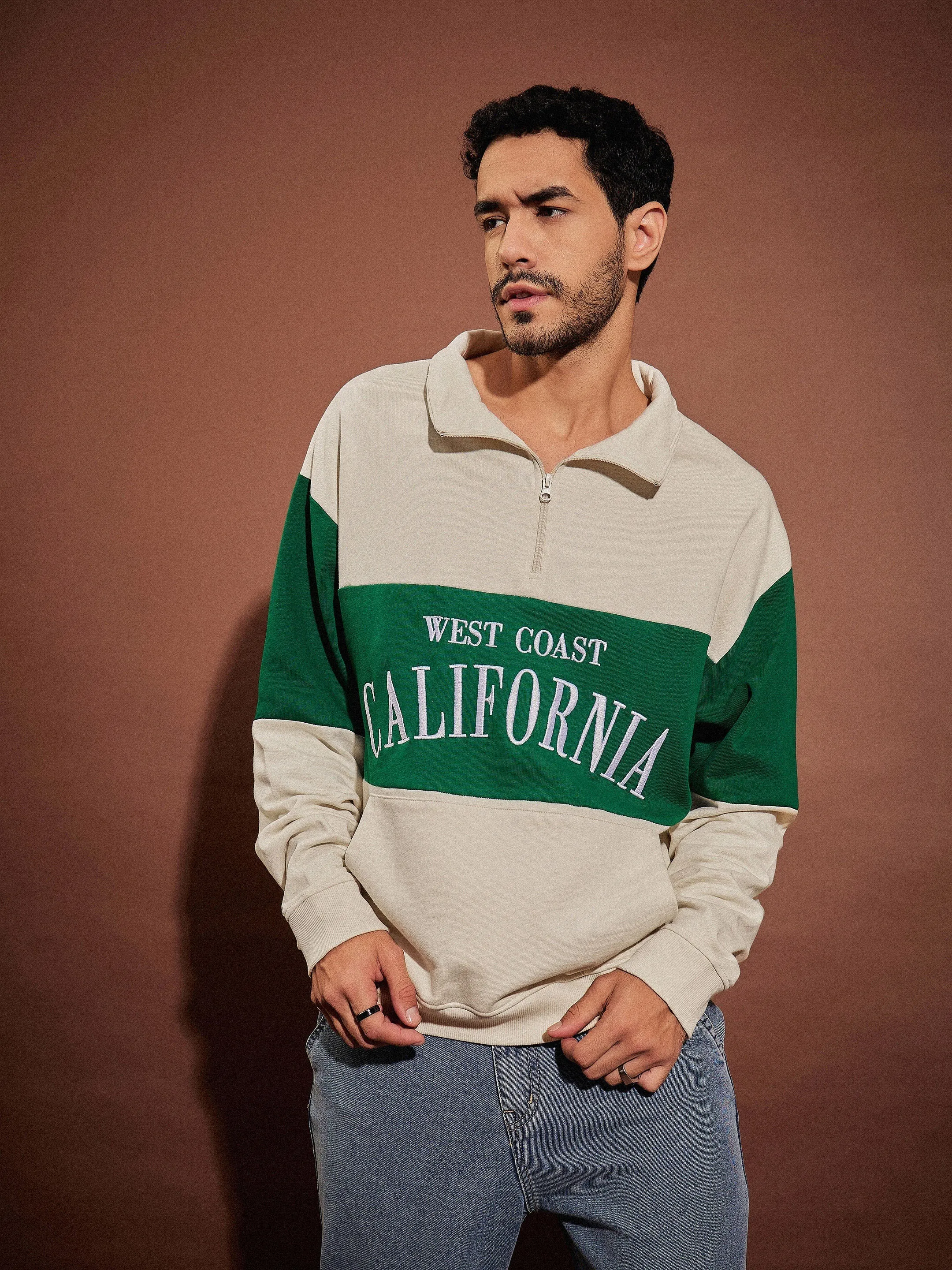 Men Beige & Green CALIFORNIA Zipper Oversized Sweatshirt
