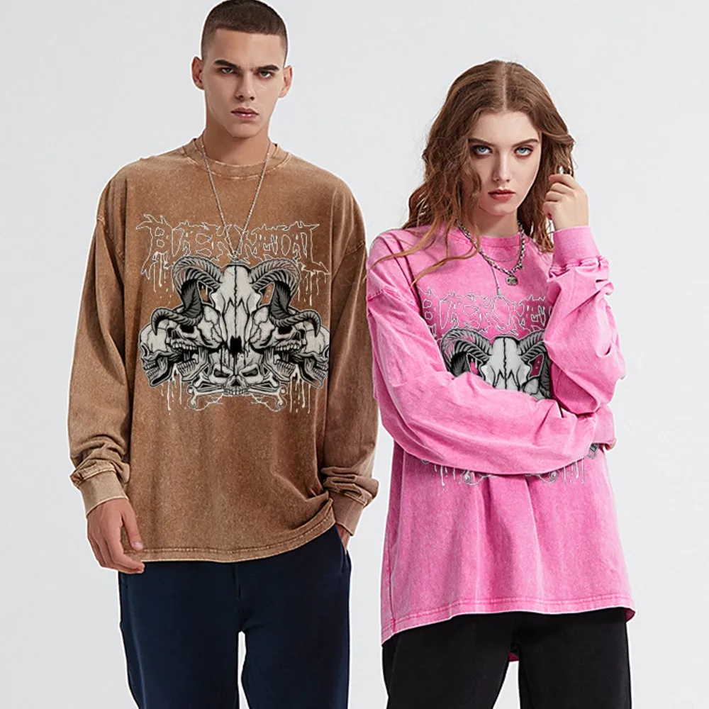 Oversized Vintage Washed Gothic Skull Graphic Sweatshirt