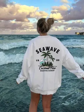 SXV  'SEAWAVE COCONUT tree’ Printed Cool Aesthetic Drop Shoulder Oversized Baggy Sweatshirt