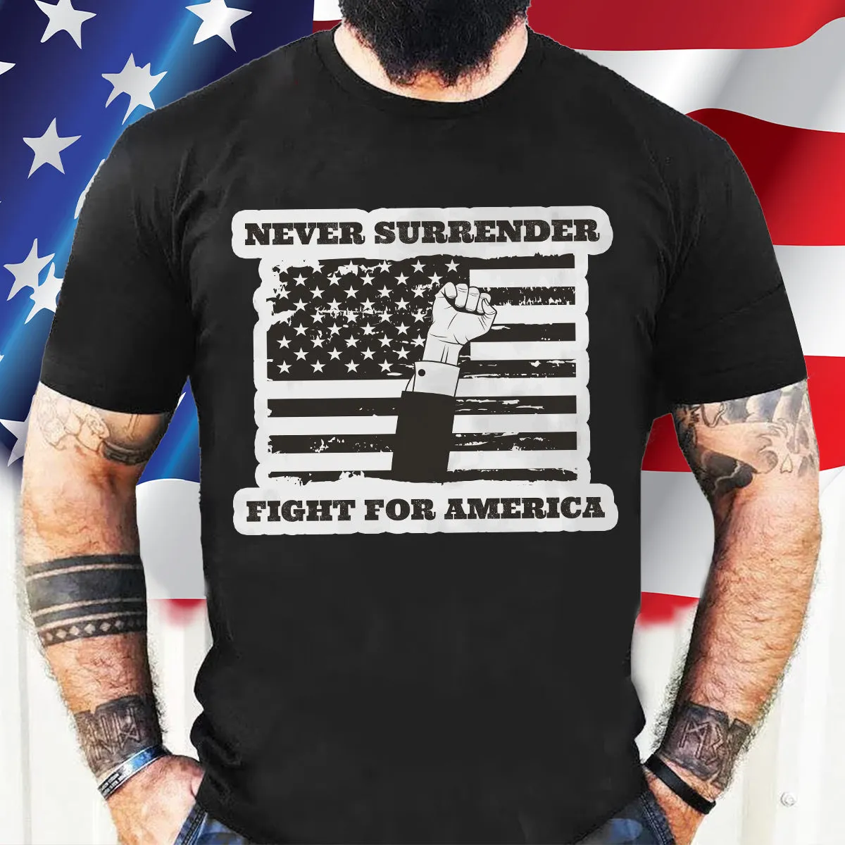 Teesdily | American Flag Shirt, Never Surrender Fight For America Sweatshirt Hoodie Mug, Legend USA 2024 Shirt, 45 47 Patriotic Shirt Gift Men