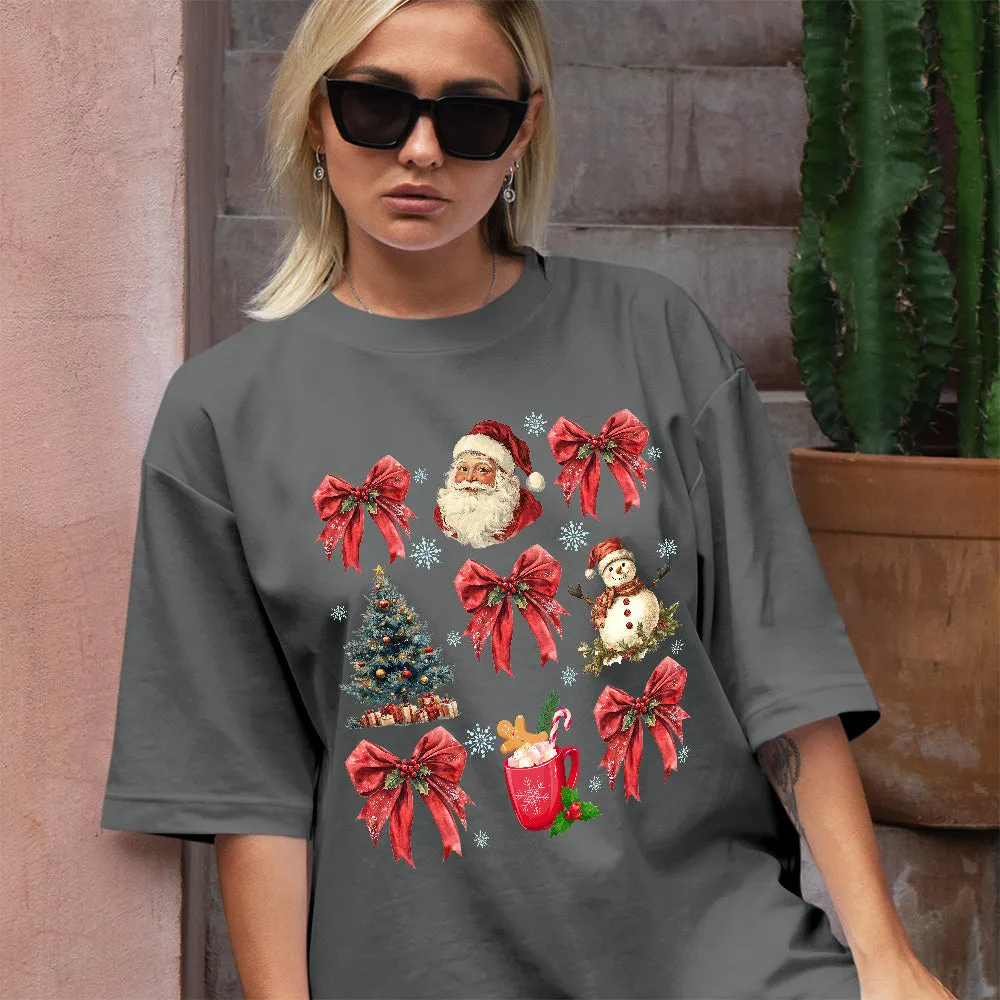 Teesdily | Christmas Coquette Bow Santa Shirt, Christmas Tree Snowman Mug Sweatshirt Hoodie, Retro Merry Bright Tee