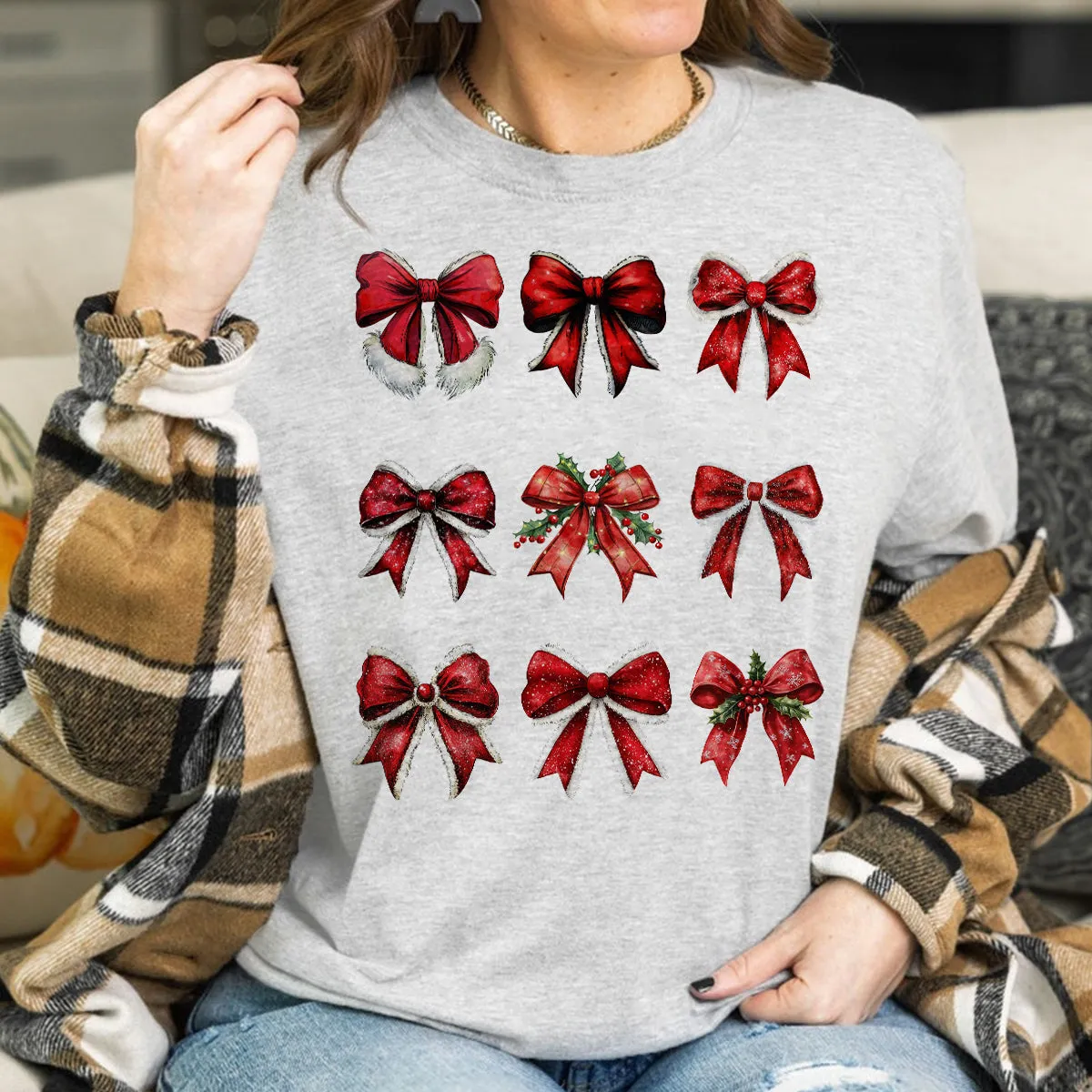 Teesdily | Christmas Coquette Bow Shirt, Red Bow Santa Sweatshirt, Noel Bow Coquette Hoodie Mug, Retro Christmas Tshirt Family
