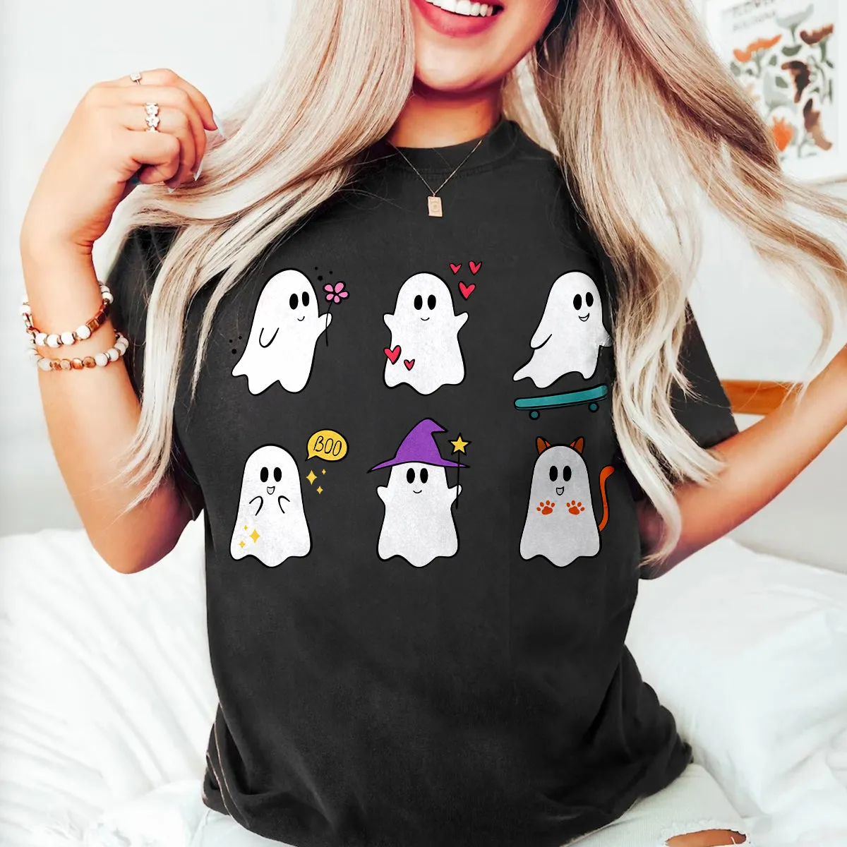 Teesdily | Halloween Cute Ghost Shirt, Halloween Spooky Ghost Flying Tee Sweatshirt Hoodie Mug, Halloween Symbol Gifts, Baby Boo Spooky Tee