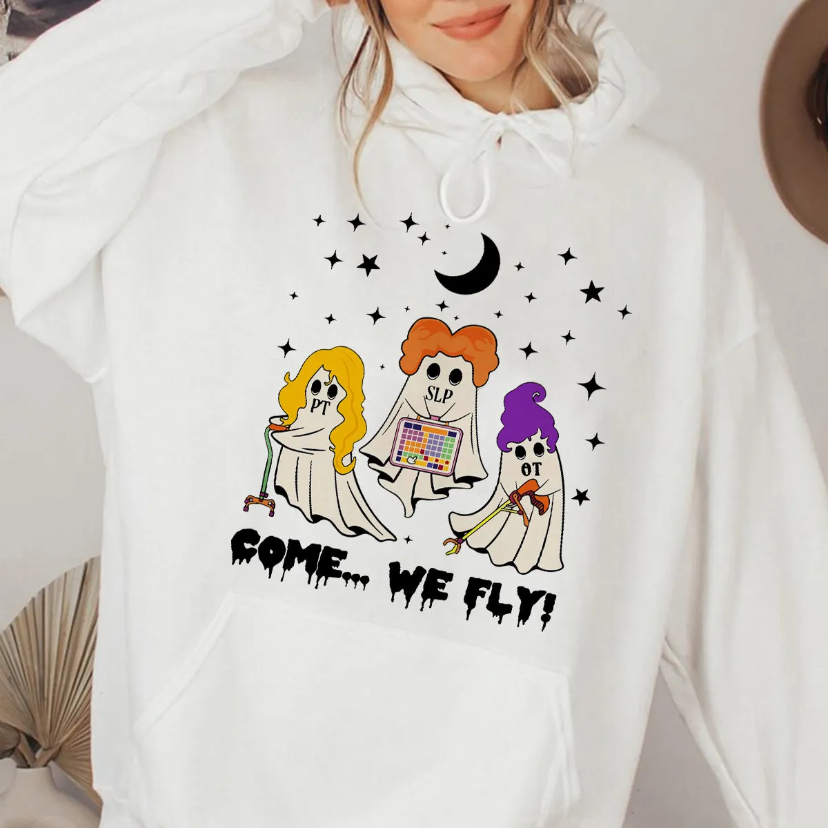Teesdily | Halloween OT PT SLP Team Shirt, Cute Ghost Come We Fly Halloween Tee Sweatshirt Hoodie Mug, Halloween Lovers Gifts, OT PT Halloween Gifts