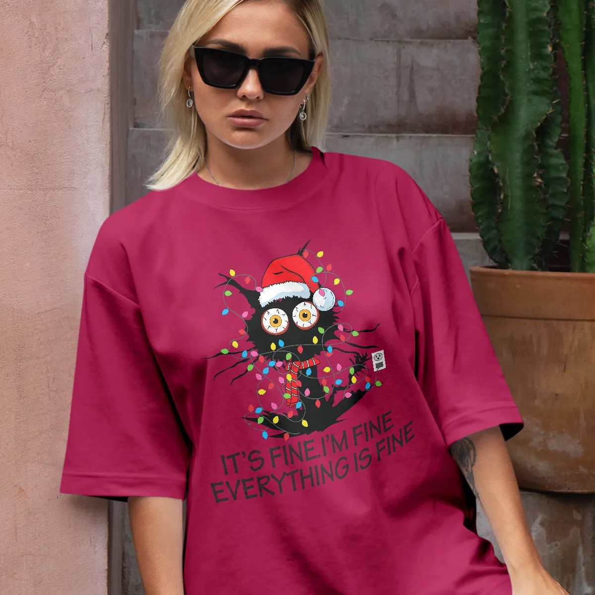 Teesdily | I'm Fine Everything Is Fine Sweatshirt, Christmas Black Cat Santa Shirt, Christmas Light Hoodie Mug, Cat Mom Lover Gift