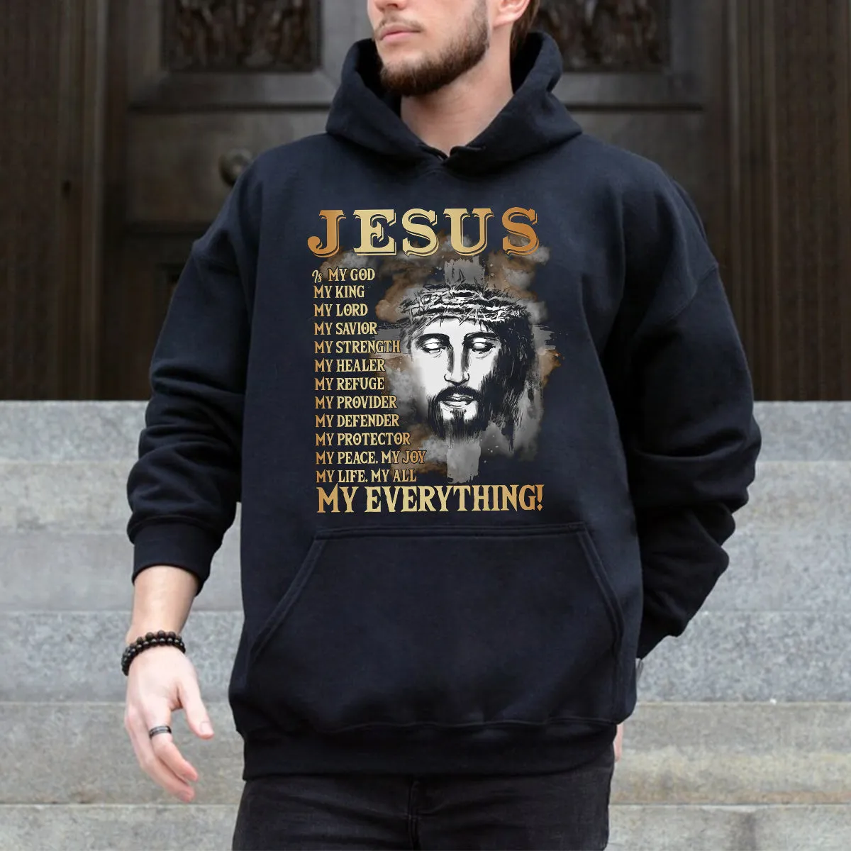 Teesdily | Jesus Portrait Graphic Shirt, Jesus My God My King My Everything Sweatshirt Hoodie Mug, Jesus Christian Short Sleeve Shirts, Religious Gift