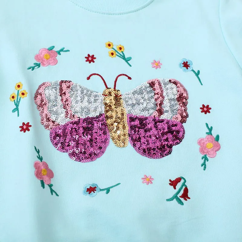 Toddler/Kid Girl's Long Sleeve Shimmering Butterfly Design Blue Sweatshirt
