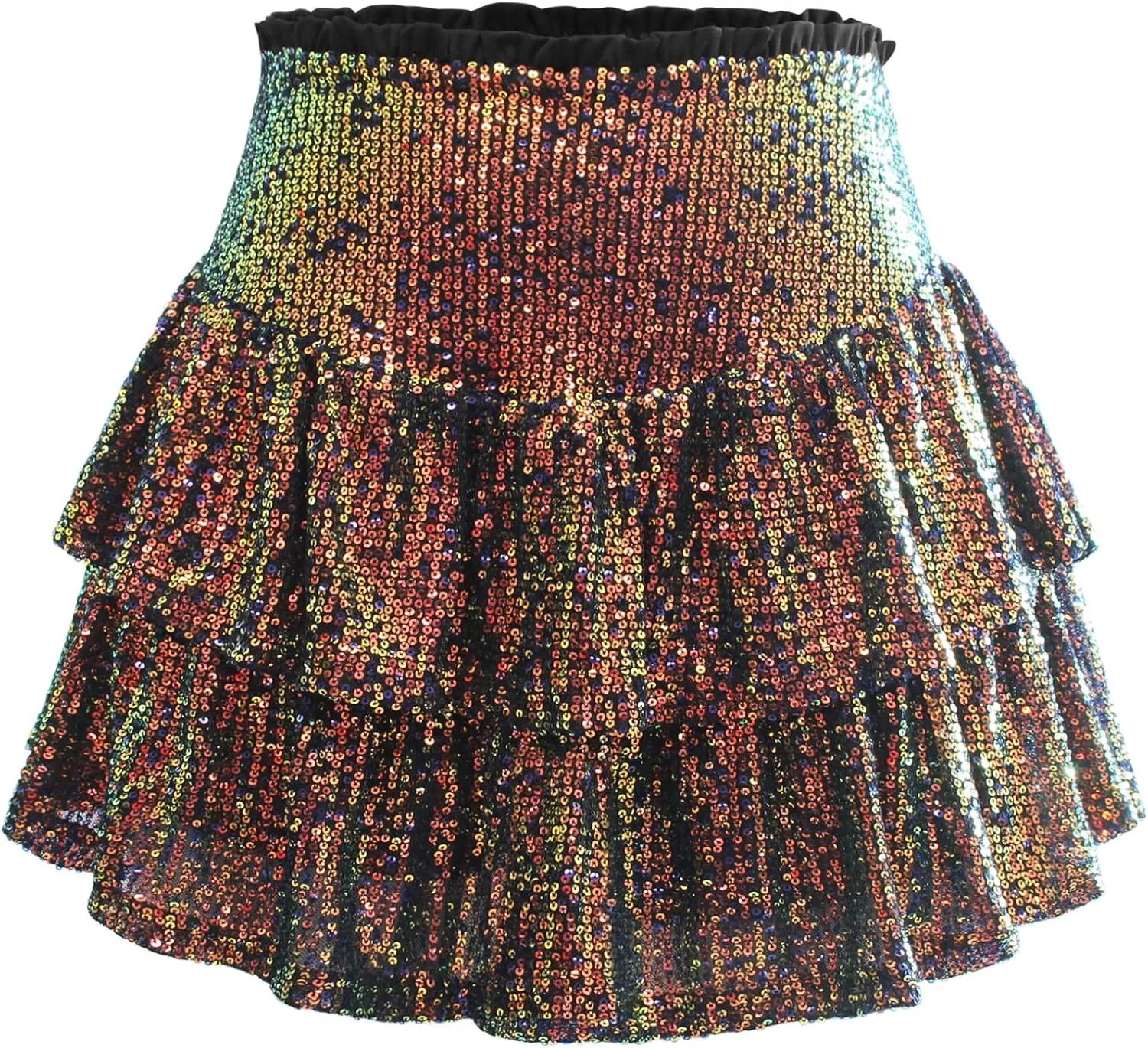 Women Sequin Skirt Sparkly Ruffle High Waist Shiny Glitter Flowy Skirt Layered Pleated Short Skirts for Party Club